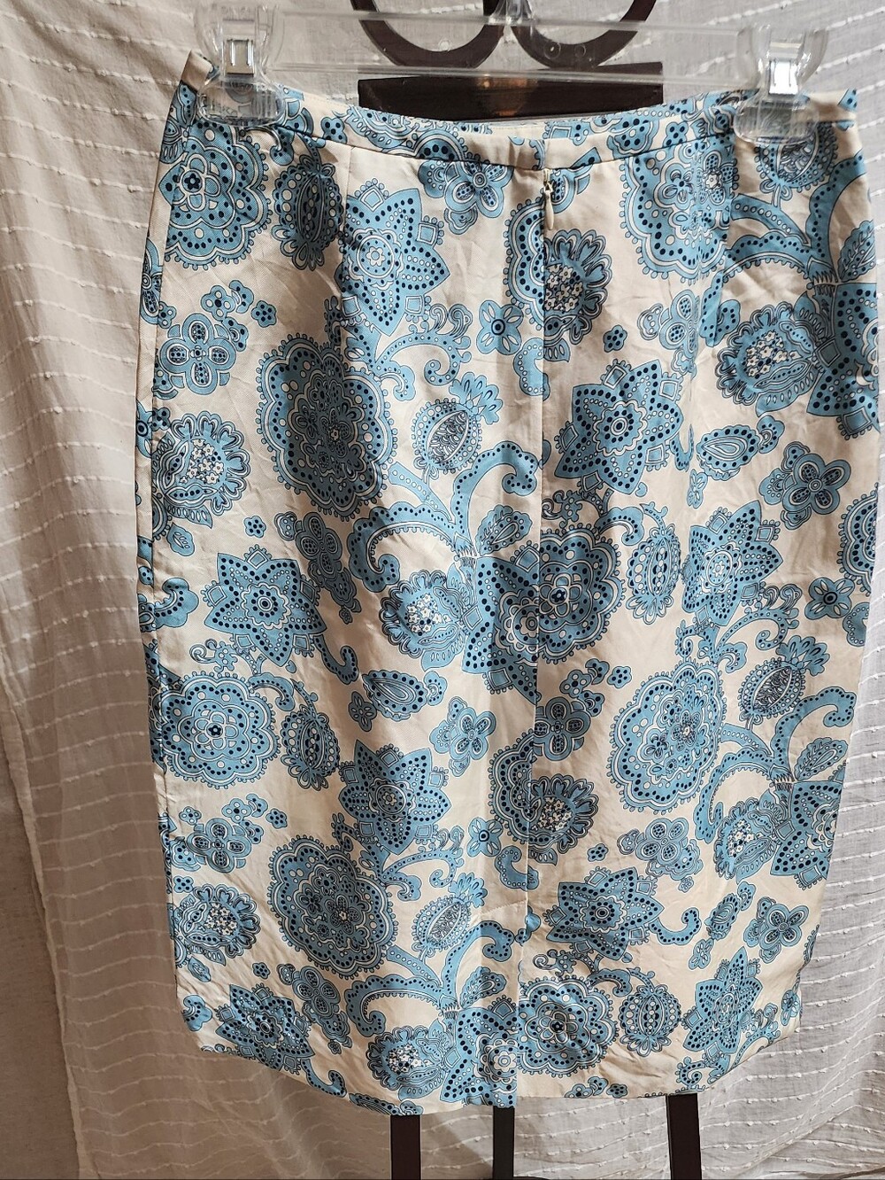 Vintage Silk Ann Taylor Cream Pencil Skirt with Blue Floral Paisley Print